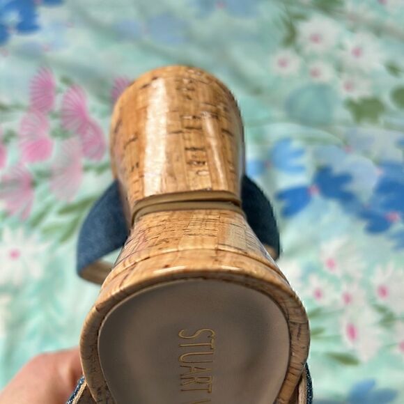 Stuart Weitzman Denim Strap Square Toe Sandals Wedge - Picture 6 of 16